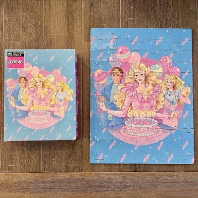 Vintage 1989 Birthday Barbie Golden 100 Pc Puzzle Ken & Skipper 11x15 - Image 1 of 4