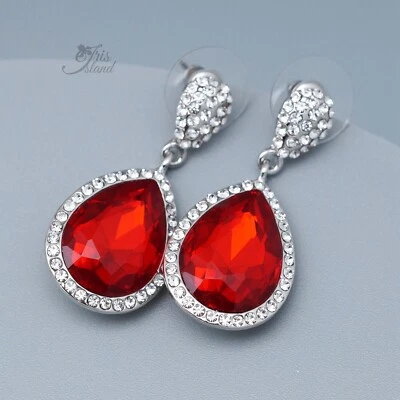 Pendientes colgantes cristal rojo estrás mujer boda lágrima dama de honor plata Foto 1 de 4