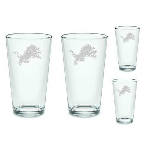 SET Detroit Lions Pint Beer Glasses Etched Tumblers Drinkware Cover