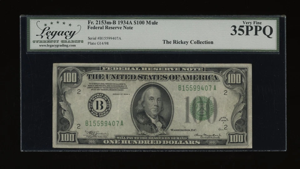 DBR 1934-A $100 FRN New York Mule Fr. 2153-Bm Legacy 35 PPQ Serial B15599407A - Image 1 of 2