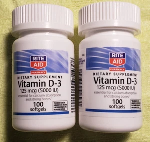 Qty 2 - Rite Aid - Vitamin D-3 - 5,000 IU Immune / Bones - 100 softgels 12/2025 - Picture 1 of 4