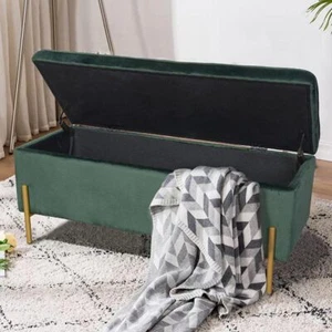 Cassapanca Pouf Contenitore Panca Sgabello Poggiapiedi in Tessuto Velluto Verde - Foto 1 di 5