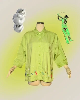 Camisa de golf CJ BANKS 100 % algodón bordada con botones VERDE LIMA para mujer MÁS 1X Foto 1 de 4