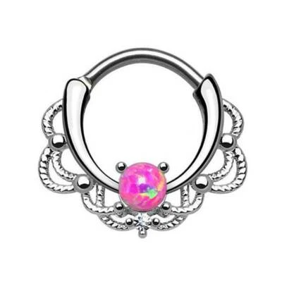 1pc Implant Grade Titanium Lacey Opal Gem Septum Clicker 16g Pierced Nose Ring - Image 1 of 4