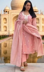 Indian Wear ; Women Pink Floral Embroidered Cotton Kurta Trousers and dupatta - Picture 1 of 8