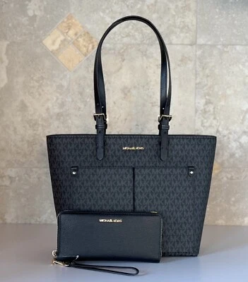 Michael Kors Jet Set Travel MD Double Pocket Tote Shoulder Bag + Wallet MK Black - Image 1 of 4