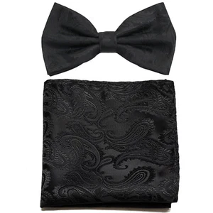 New formal Men's micro fiber pretied bow tie & hankie set paisley black wedding  - Picture 1 of 3