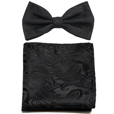 Nuevo conjunto formal de pajarita y pañuelo de microfibra para hombre paisley negro boda  Foto 1 de 3