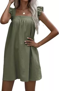 Women's Comfy Square Neck Ruffled Sleeveless Linen-Style Loose Fit Midi Dress - Picture 1 of 15