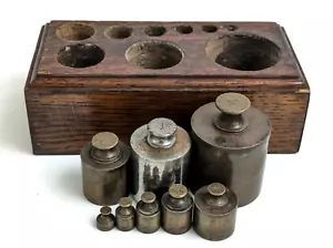 Vintage Balance Scale Weight Set 1/4oz - 2lb Weights w/Wood Storage Box Brass - Picture 1 of 7