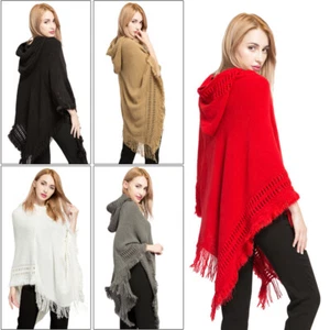 Damen Strick Schal Hoodie Poncho Quaste Pullover Cape Thermo Warm Winter - Bild 1 von 12