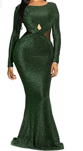 Women Long Sleeve Shiny Glitter Mesh Cut Out Bodycon Mermaid Dress - Picture 1 of 3