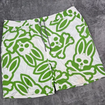 Pantalones Cortos Psycho Bunny Para Hombres XL Verde Blanco Secado Rápido Traje de Baño AOP Calavera Logo Forrado Foto 1 de 4
