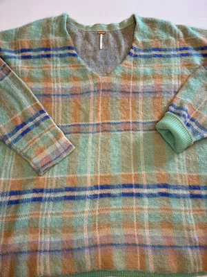 Free People Primose Plaid Pullover Sweater V Neck Oversized Sloucy L Knit Top  - Image 1 of 4