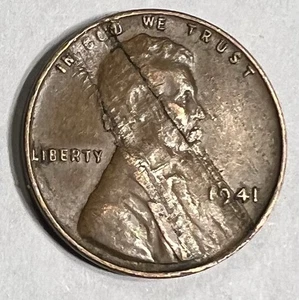 1941 Circulated Lincoln Wheat Cent Lamination Mint Error, Diagonally On Obverse - Picture 1 of 6