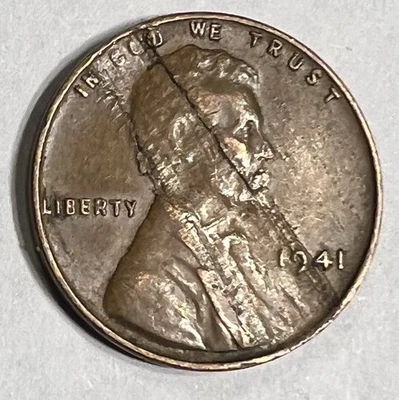 1941 Circulated Lincoln Wheat Cent Lamination Mint Error, Diagonally On Obverse - Image 1 of 4