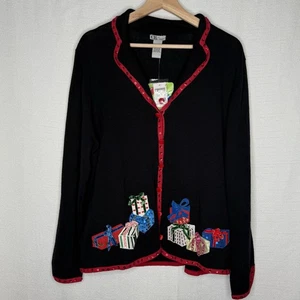 Cárdigan suéter vintage CB Career Navidad para mujer XL lentejuelas bordado ribete - Imagen 1 de 10
