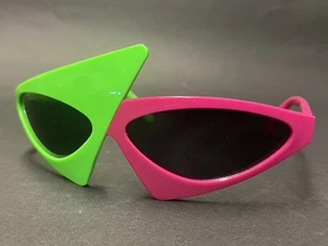 Novelty Party Sunglasses 80s Asymmetric Glasses Hot Pink and Neon Green Glass... - Picture 1 of 6