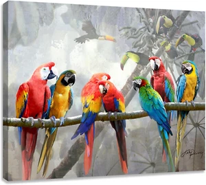Bathroom Parrot Picture Wall Art, Tropical Parrots Bird Painting Print on Canvas - Picture 1 of 11