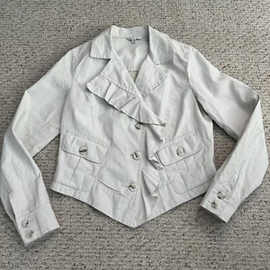 CAbi Ruffle Up Cream Waxed Asymmetrical Jacket Blazer Linen Solid Womens M - Picture 1 of 6