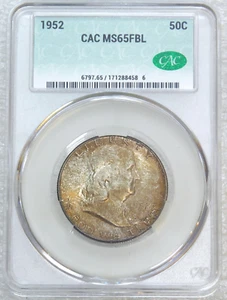 1952 Franklin Half Dollar MS65FBL CAC Just Graded Original Mint set toning #L115 - Picture 1 of 4