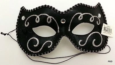 Mardi Gras Jester Black Mask Silver Lace Black Trim Masquerade Mardigras Party - Image 1 of 2