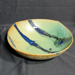 HTF 10-1/4" Wide Studio Art Signed Stoneware Green Blue Rust Deep Pottery Bowl - Picture 1 of 9
