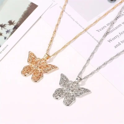 Large Butterfly Crystal Long Necklace Choker Ladies Womens Pendant Bling Chain - Image 1 of 4