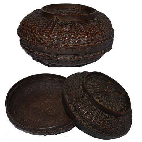 Bhutan Bamboo basket Tibetan Style Tribal Food Basket with Lid from Bhutan Cover