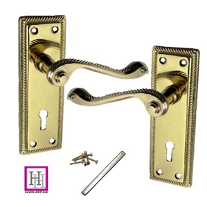 Door Handles Brass Finish Georgian Lever LOCK DOOR HANDLES ROPED EDGE - Picture 1 of 11