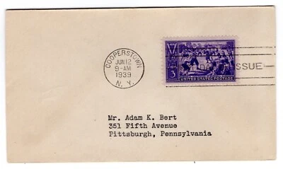 #855 Baseball Centennial 1939 FDC - Adam Bert Serviced on Small Envelope CV$75 - Image 1 of 2