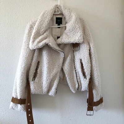 Chaqueta FOREVER 21 Sherpa Teddy Moto Estilo Crema Tostado Mujer Talla Mediana Nueva con Etiquetas Foto 1 de 4
