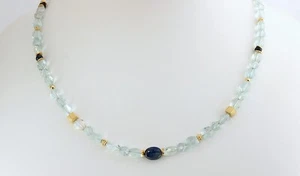 Acquamarina Collana Con Siam Zaffiro Sfaccettato Ovale Azzurro 925 Silber Oro 47 - Foto 1 di 4
