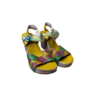 Laura Vita France Size 37 Multicolor Leather Wedge Sandals Floral Artistic Style - Bild 1 von 9