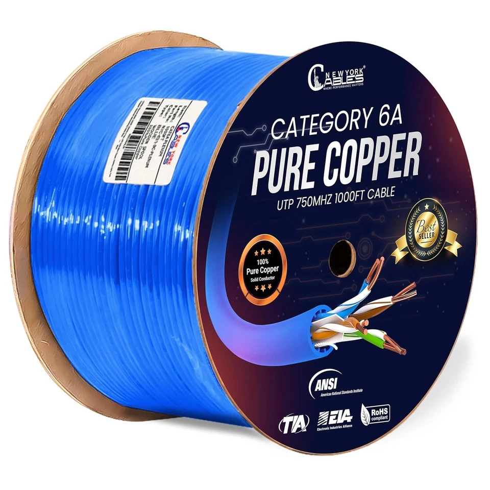 BULK 1000ft Cat6 Plenum CMP Solid Copper 550mhz UTP Ethernet LAN Cable Blue