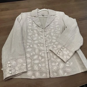 J. Jill Jacket Womens 16P Petite Beige Linen Floral Embroidered Blazer SPOT READ - Picture 1 of 14