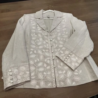 J. Jill Jacket Womens 16P Petite Beige Linen Floral Embroidered Blazer SPOT READ - Image 1 of 4