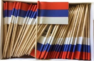 Una caja de 100 banderas de palillo de dientes de Serbia, 100 pequeñas mini banderas internacionales - Imagen 1 de 1