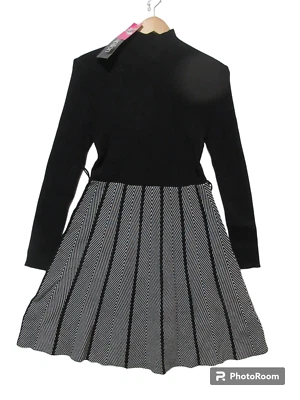 Sz M NWT Papillon Fit & Flare Sweater Midi Dress Mock Neck Black White Knit $108 - Image 1 of 4