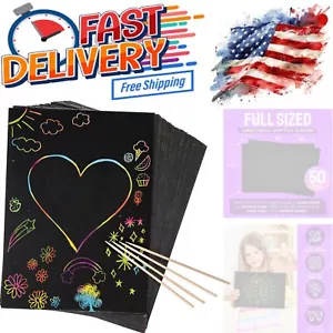 Large 7.5x10 Rainbow Scratch Paper Art Kit - 50 Sheets with Wooden Styluses - Picture 1 of 10