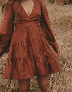 Shona Joy Elsa Linen Mini Wrap Dress Size AU8 US4 Brown Long Sleeve - Bild 1 von 12