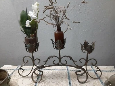 Baroque-ish three light vintage candle holder Candlesticks metal aged patina l - Image 1 of 4