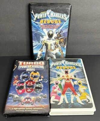 3 Mighty Morphin Power Rangers VHS Movies Turbo Rescue Titanium Ranger Clamshell Foto 1 de 4