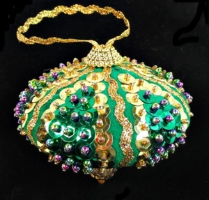 Vtg Handmade Victorian Green Trim Beaded Sequin Push Pin Ornament #42165-14 - Picture 1 of 4