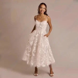 Fashion Spaghetti strap Applique Lace Prom Dresses Tea length Party Dresses - Picture 1 of 5