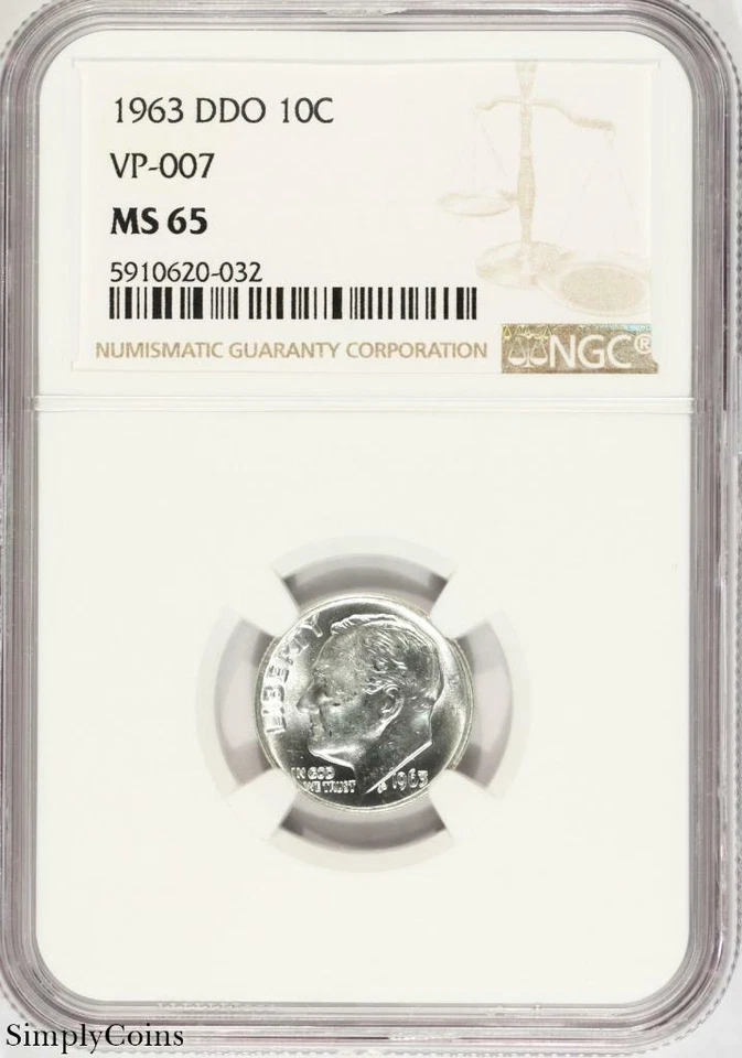 1963 DDO VP-007 Roosevelt Dime ~ NGC MS65 ~ TOP POP! ONLY 1 GRADED! - Image 1 of 2