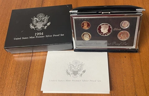 1994-S U.S. Mint🇺🇸PREMIER SILVER PROOF SET🇺🇸5 Coins & 3 are 90% With Box/COA Cover