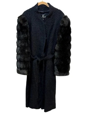 Abrigo de Colección Evan’s Mangas de Lana y Piel Negro Trinchera Dinero Antiguo Largo Foto 1 de 4