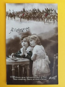 Postkarte " ABWESEND " Krieg 14-18 KINDER GEBET Kavallerie Drachen - Bild 1 von 1