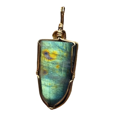 Labradorite Fiery 14K Gold Wire Wrap 35x20mm Stone Pendant | 2 1/4" Long| Green| - Image 1 of 4